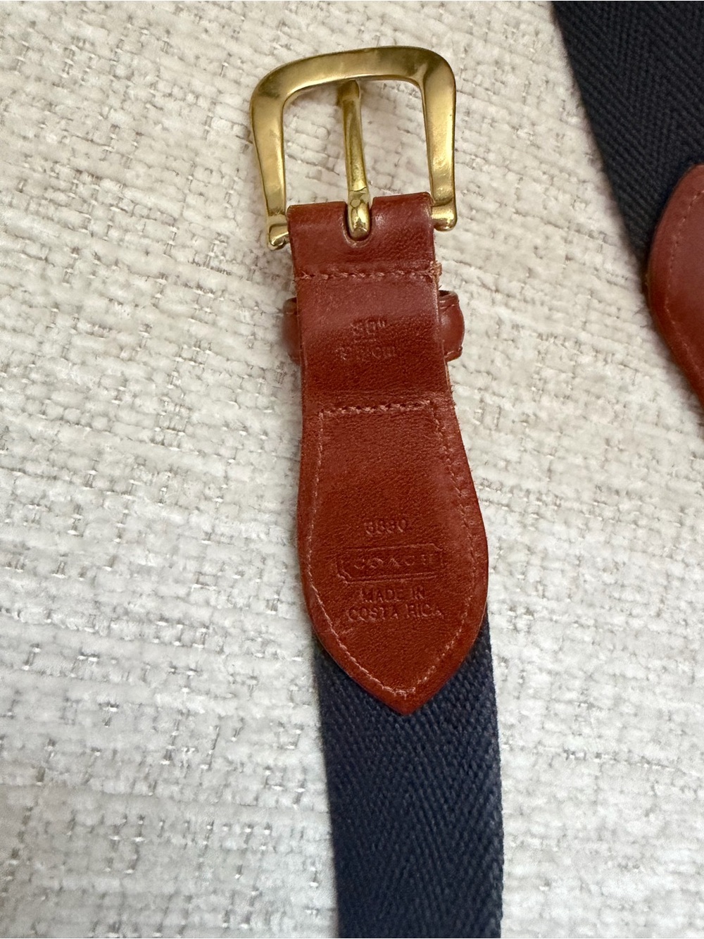 Coach Navy Canvas Belt with Brown Leather and Gold Buckle